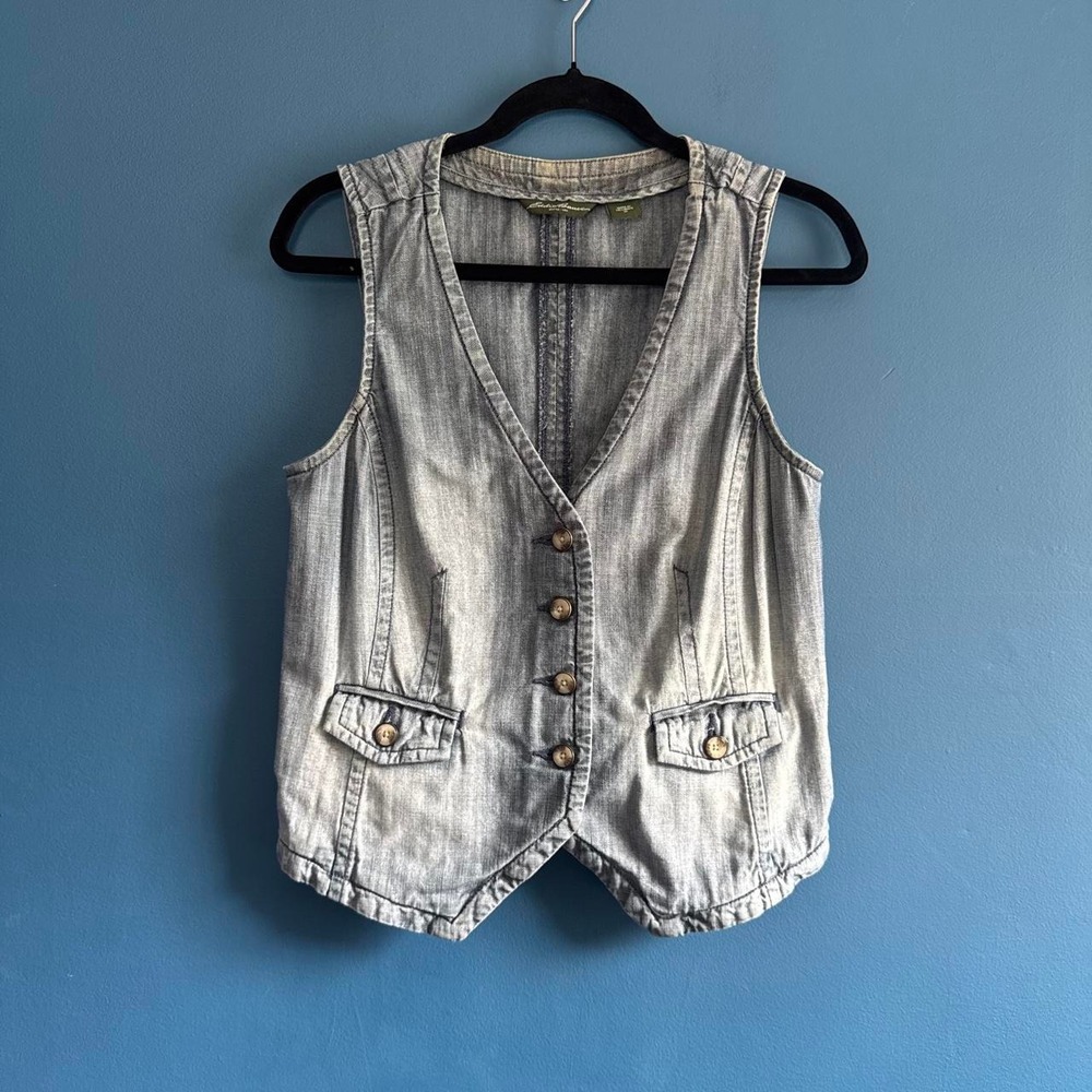 Eddie Bauer Denim Vest Women's Size 10 Chambray 100% Cotton Boho Coachella 2011